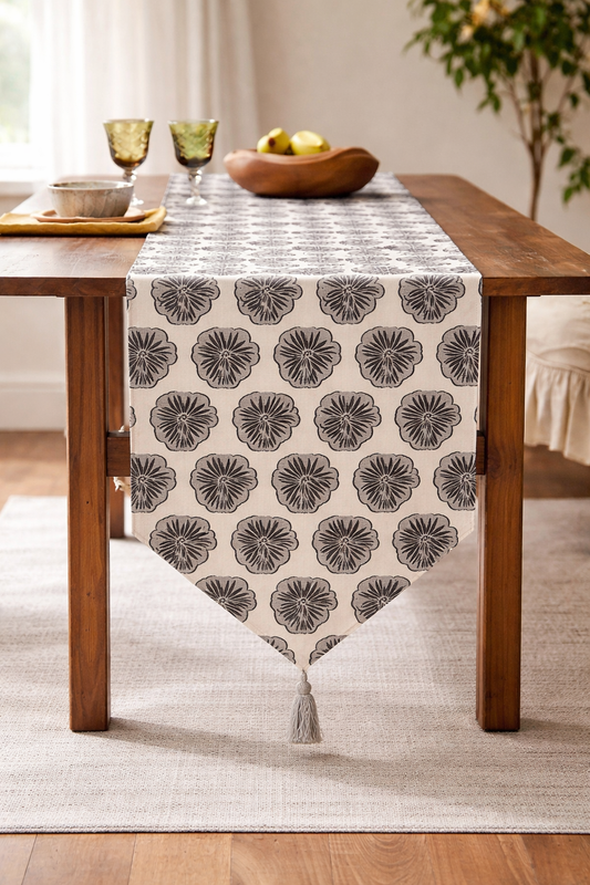 Black Floral Motif Reversible Cotton 14"x72" Table Runner
