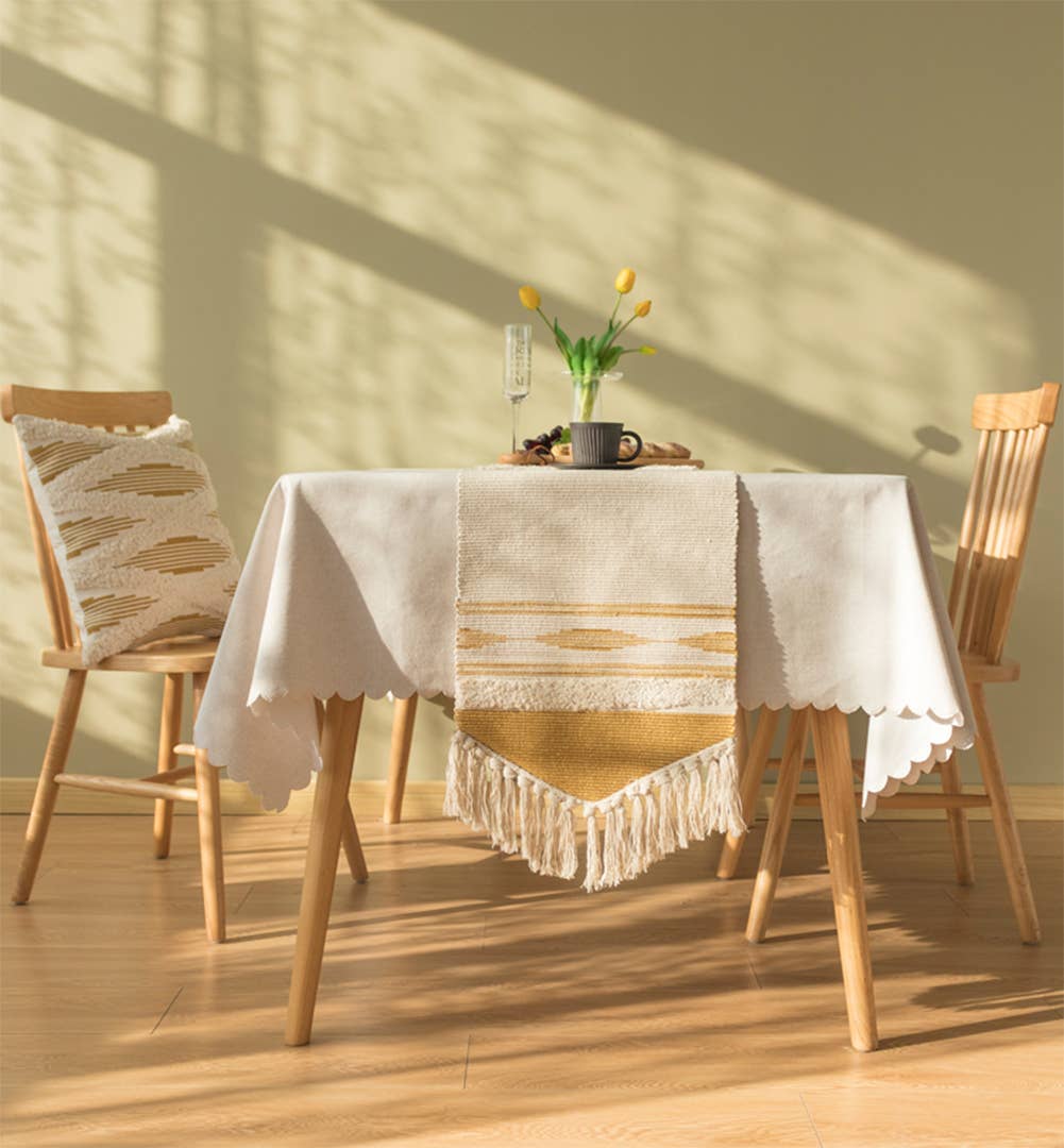RNR0013 - Mustard Natural Geometric Cotton Table Runner with Tassels