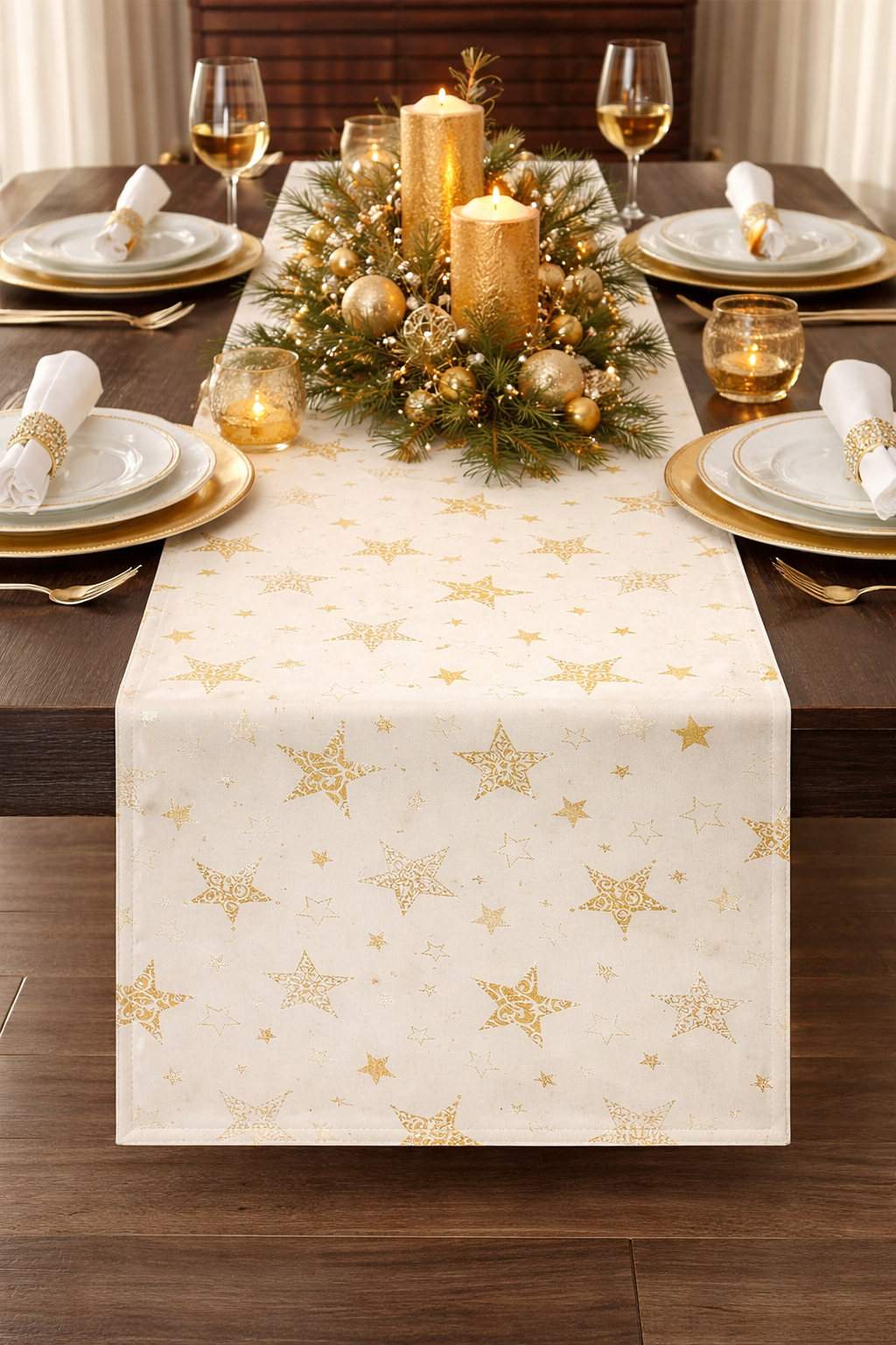 Ivory Holly Star Holiday Table Runner
