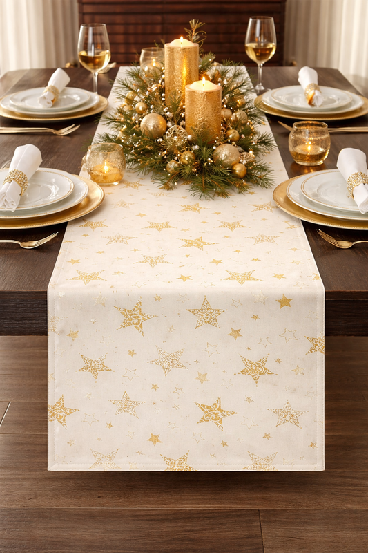 Ivory Holly Star Holiday Table Runner