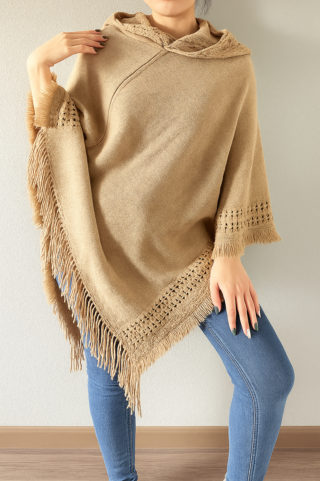 Camel Black Knit Fringed Hooded Poncho