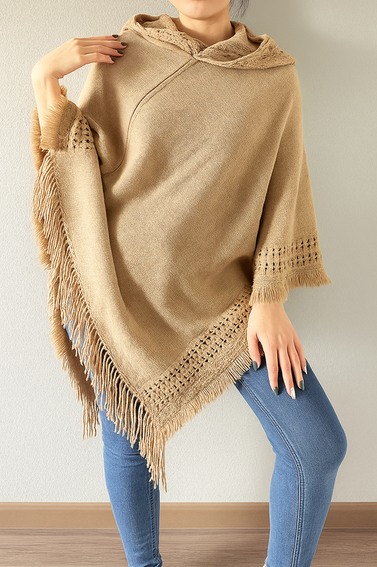 Camel Black Knit Fringed Hooded Poncho