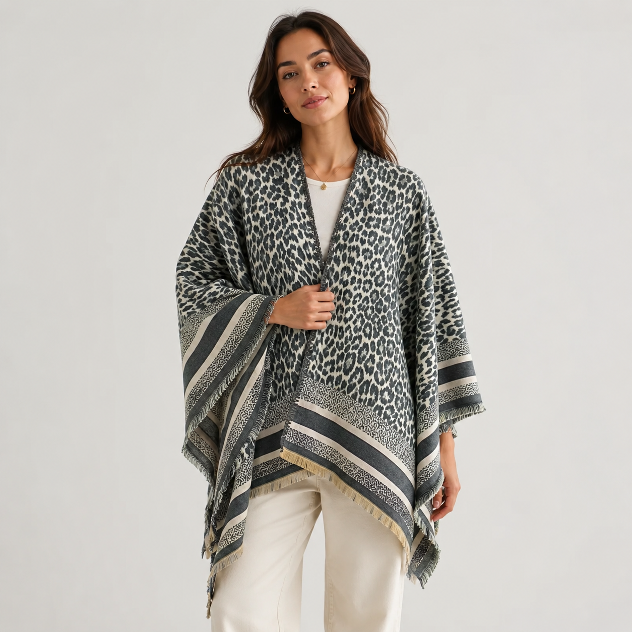 Gray Leopard Cashmere-Feel Shawl Wrap Poncho
