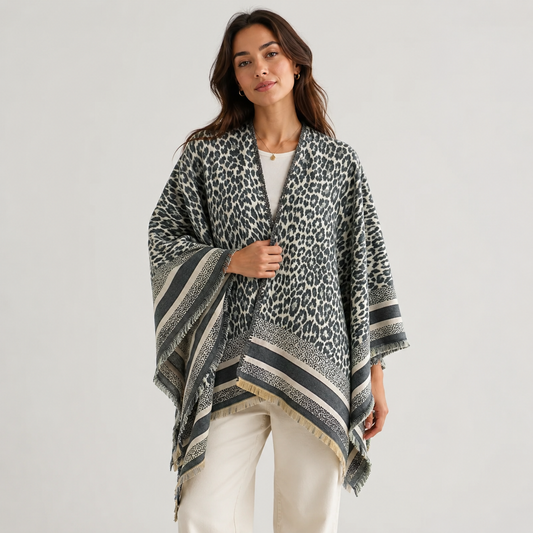 Gray Leopard Cashmere-Feel Shawl Wrap Poncho