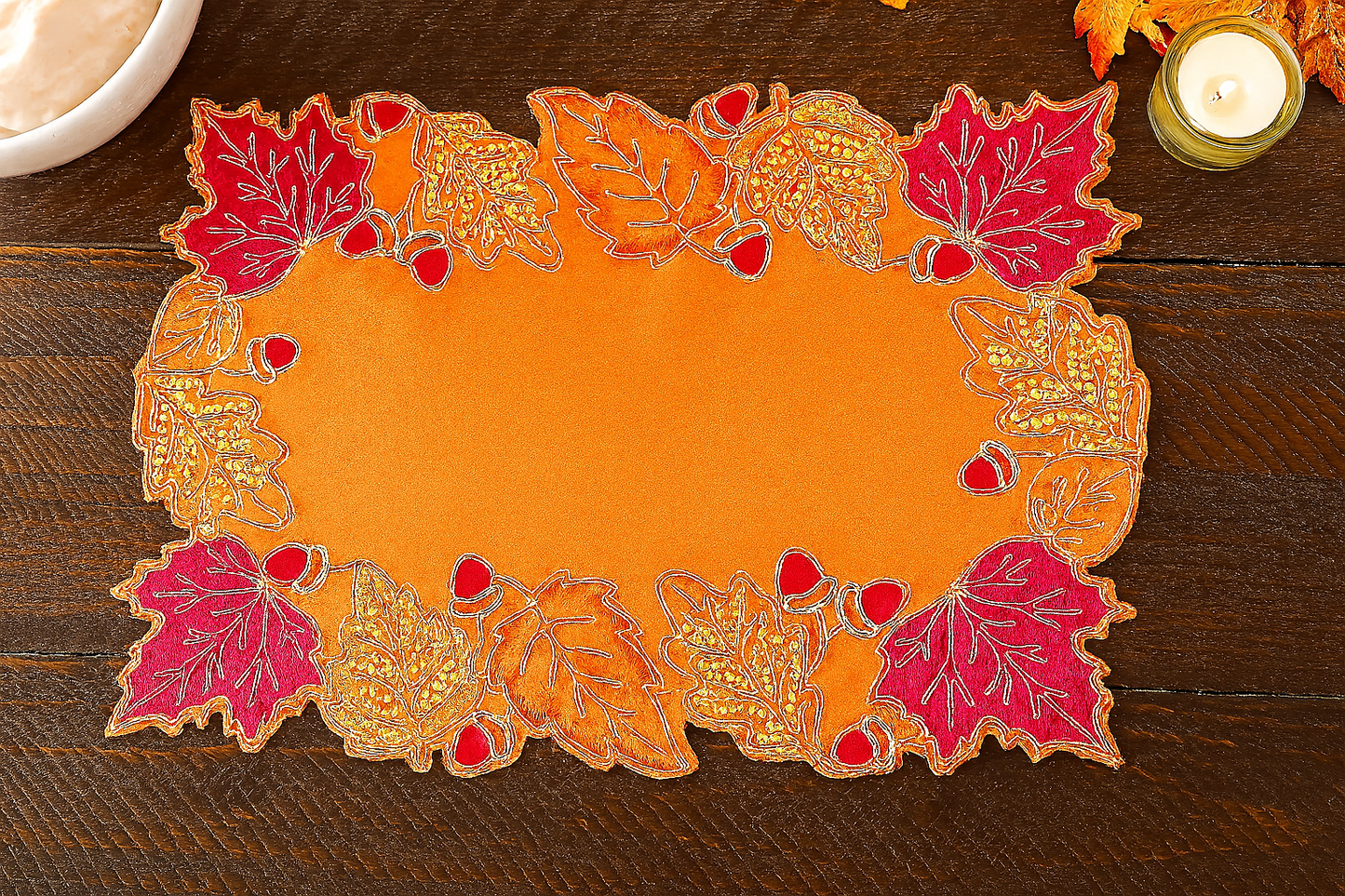 TBL0054 - Terracotta Embroidered  Sequined Leaf Festive Placemat