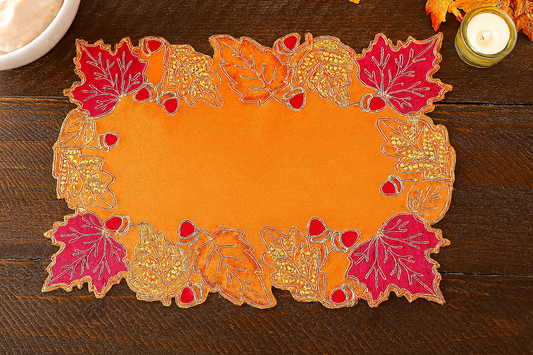 TBL0054 - Terracotta Embroidered  Sequined Leaf Festive Placemat