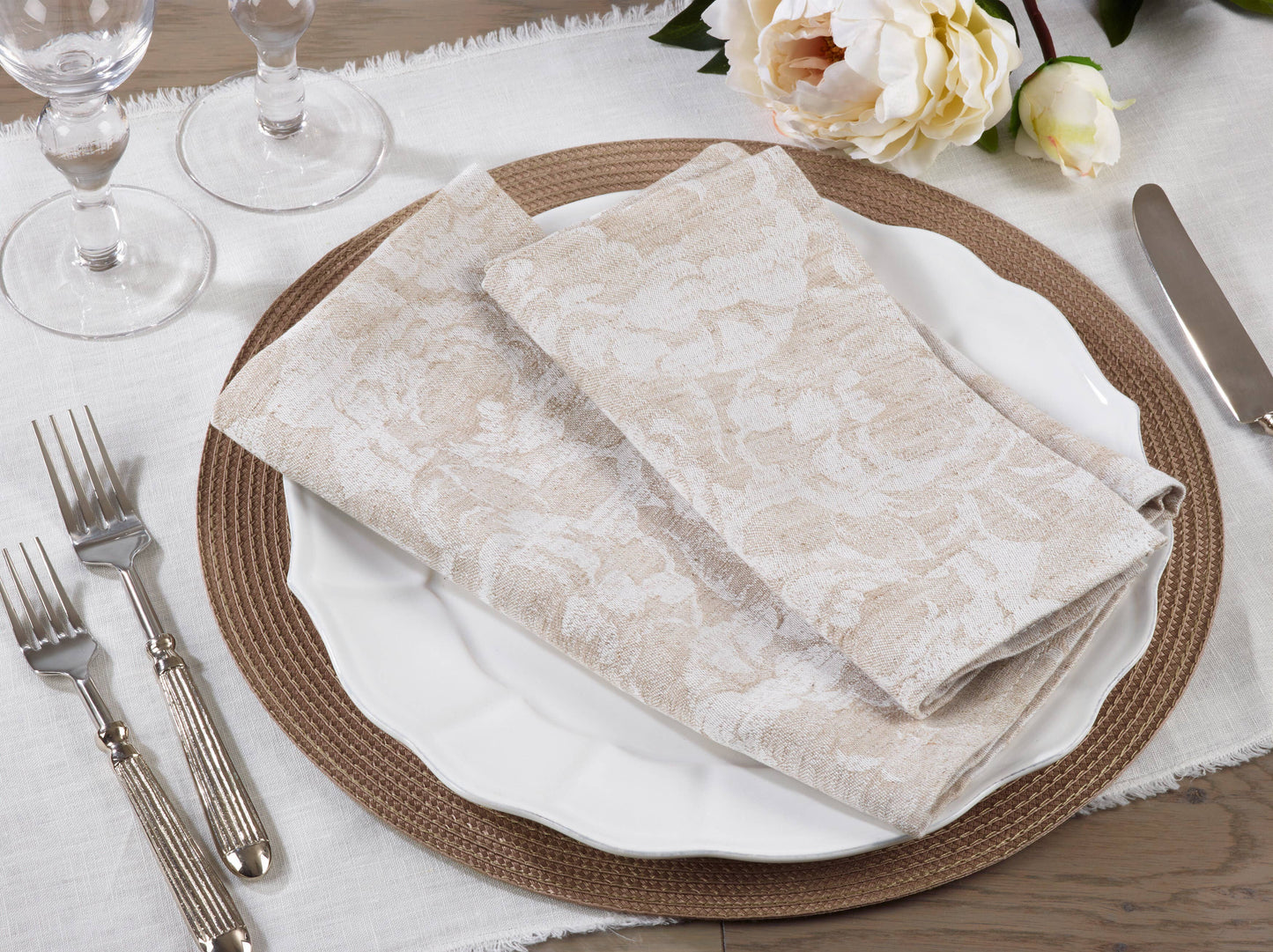 1916 - Natural Jacquard Lace Trim Cotton-Linen 20" Dinner Napkin