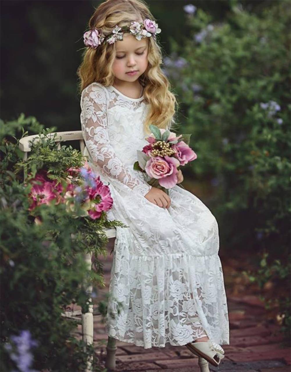 White Floral Lace Ruffled Hem Girl Dress