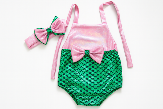 Pink-Green Metallic Mermaid Baby Swimsuit & Headband