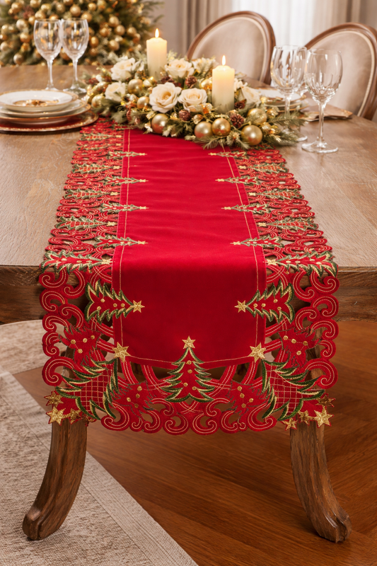 Red Embroidered Christmas Tree Table Runner