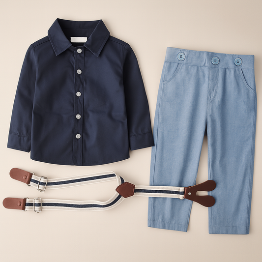 Blue Little Boy Button Down Shirt, Suspender Straps & Pants