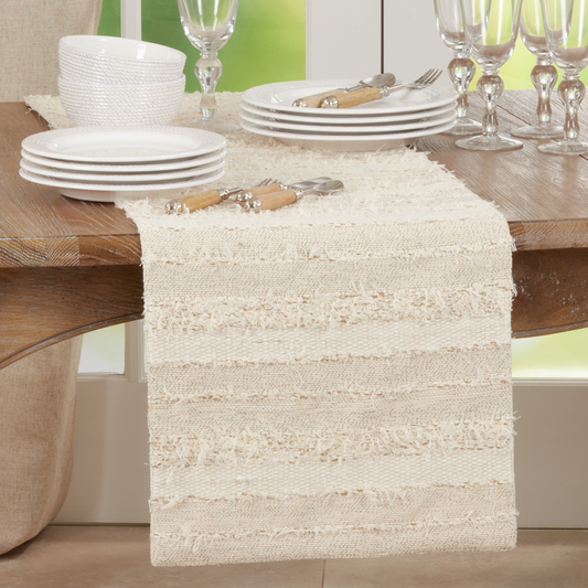 838 - Ivory Fringe Stripe Cotton Table Runner
