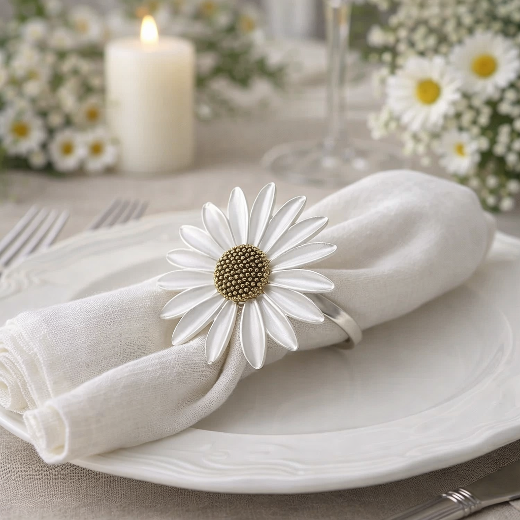 Matte Silver Sunflower Metal Napkin Ring Holder