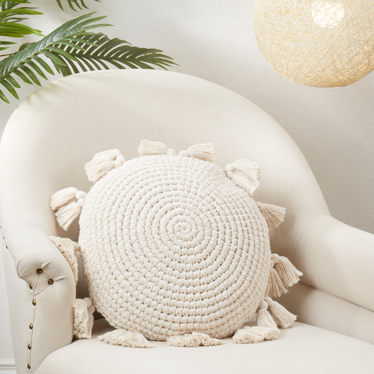 6112 - Natural Round Tassel 18" Round Cotton Throw Pillow