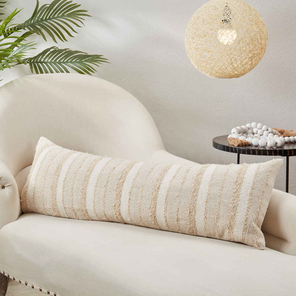 838 - Ivory Fringe Stripe Cotton 13"X40" Throw PIllow