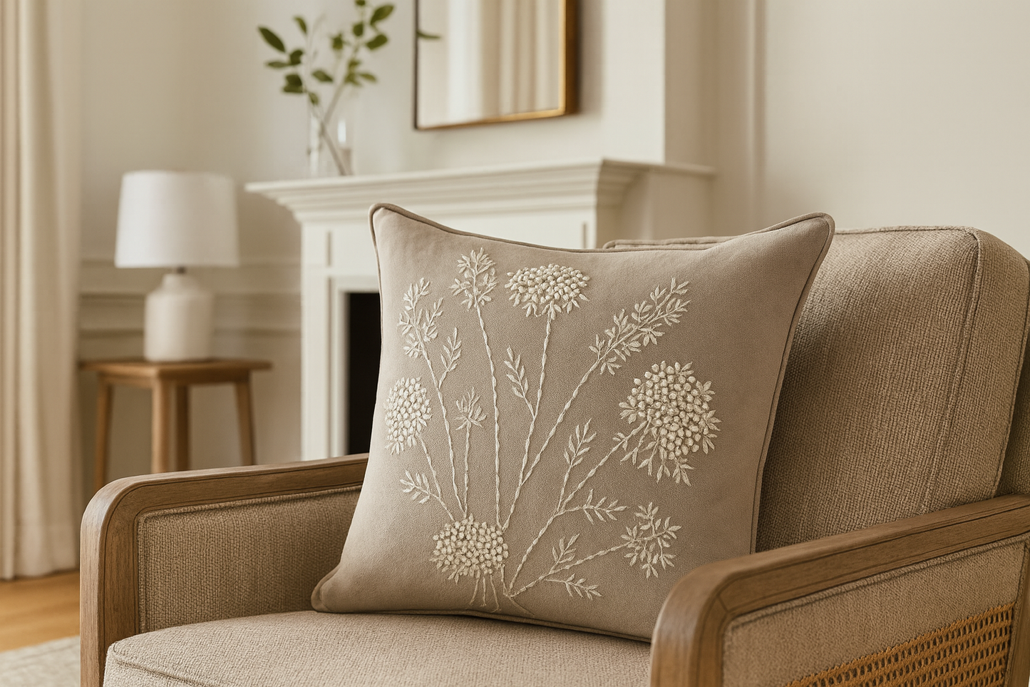 1724 - Natural Ribbon Embroidered Down-Filled 20" Throw Pillow