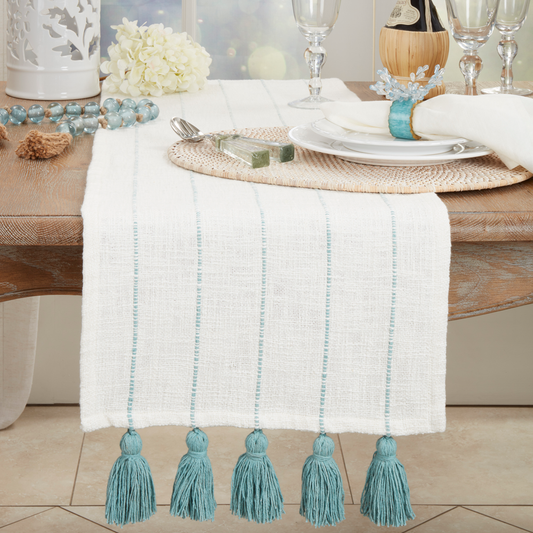 752 - Mint Stripe Tassel White 16"x72" Table Runner