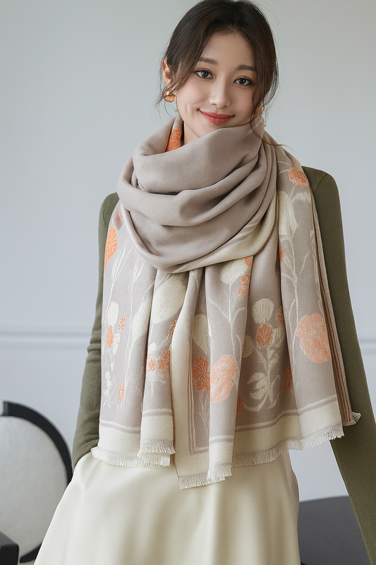 Grey Cotton Blend Elegant Large Wrap Scarf