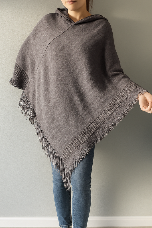 Grey Knit Fringed Hooded Poncho
