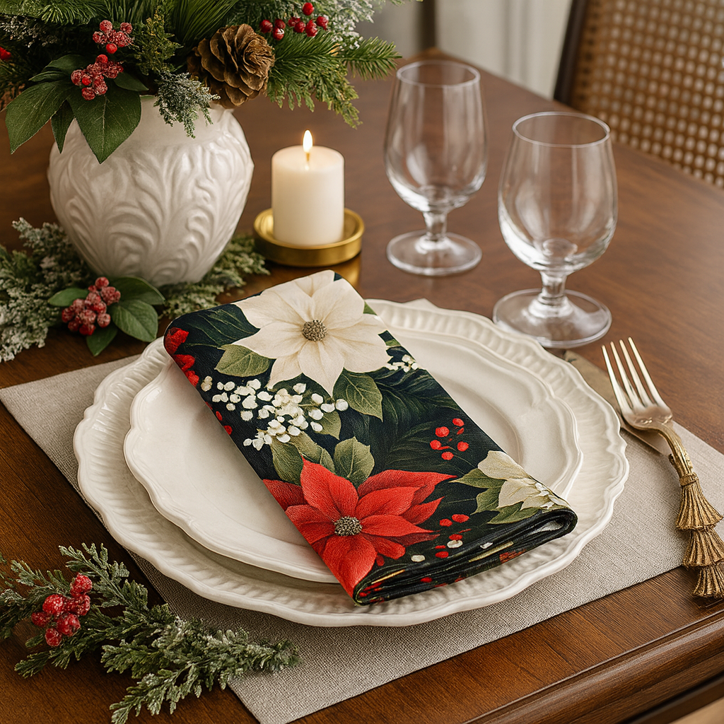1033 - Poinsettia and Berries 20" Cloth Napkin