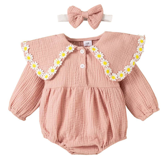 Pink Little Daisy Cotton Baby Romper & Headband