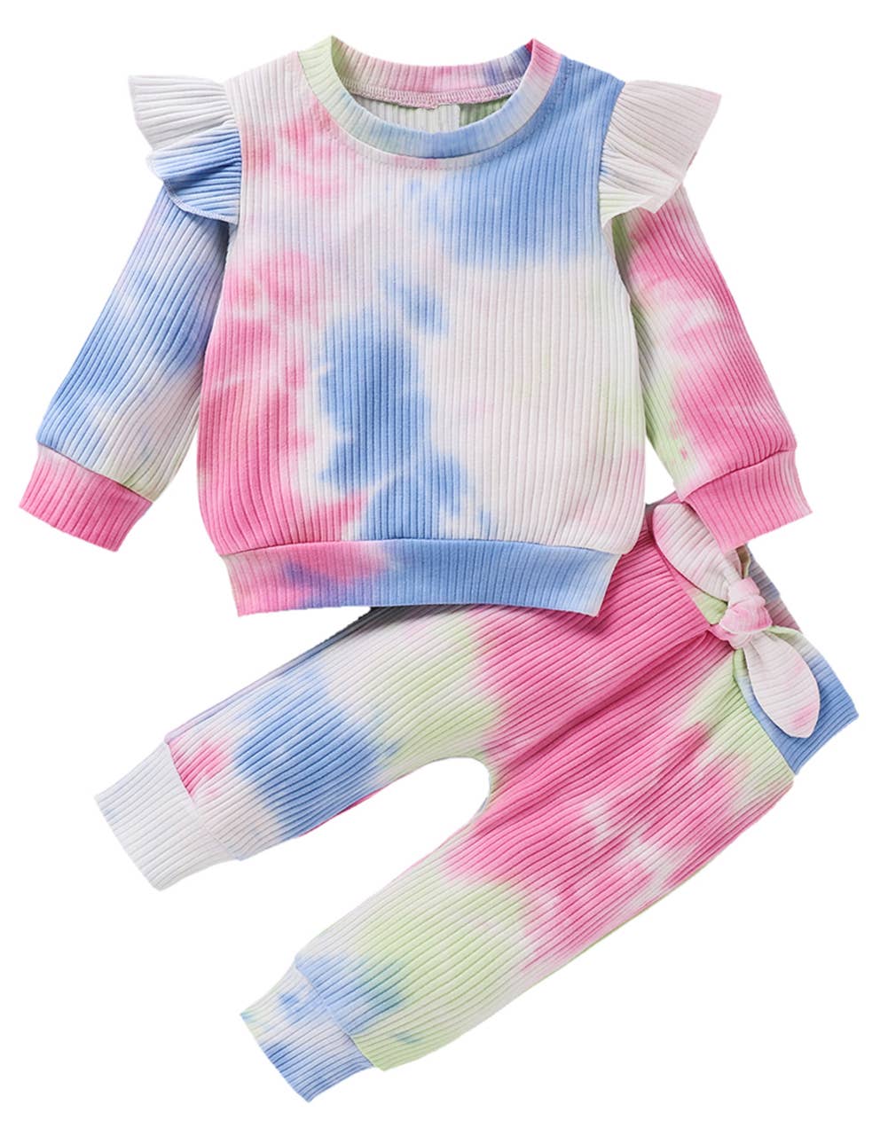 Ruffled Tie Dye Ribbed Long Sleeve & Pants 2pcs Baby Outfit