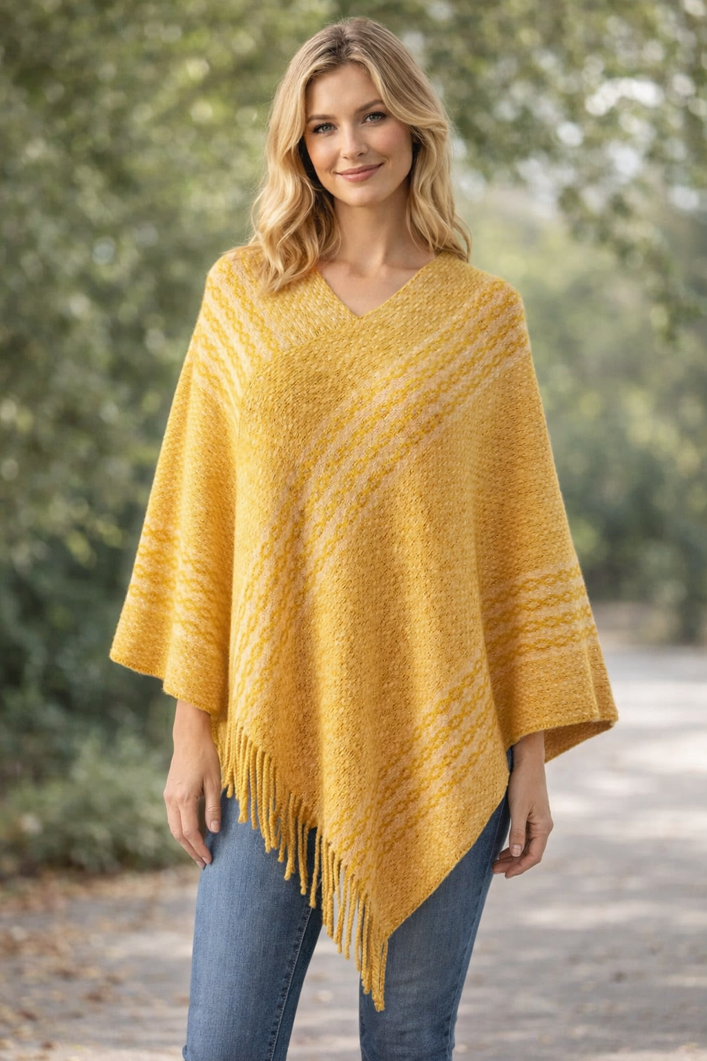 Yellow Striped Knitted V-Neck Fringe Poncho Pullover Sweater