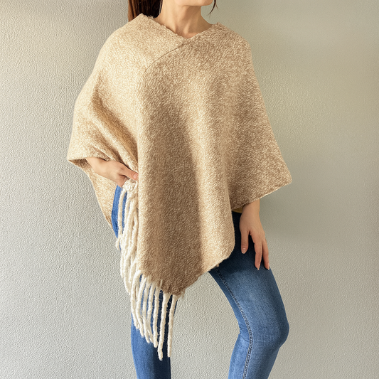 Khaki Knit Tasseled Hooded Poncho