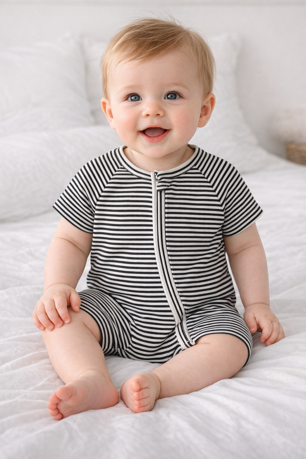 Black and White Stripe Baby Zipper Romper