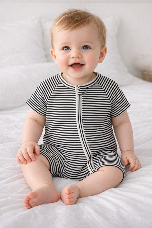 Black and White Stripe Baby Zipper Romper