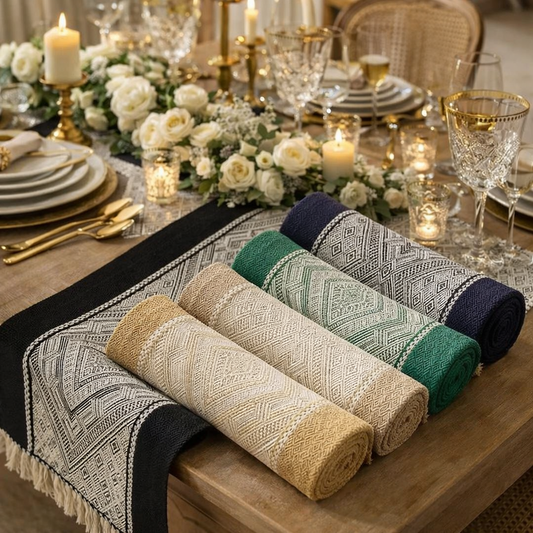 Diamond Weave Fringed Cotton Blend Table Runner