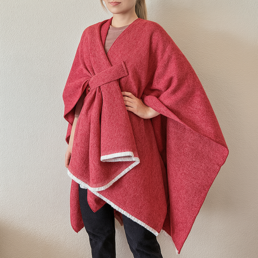 Burgundy Fringe Poncho Warm Open Front Shawl Cape
