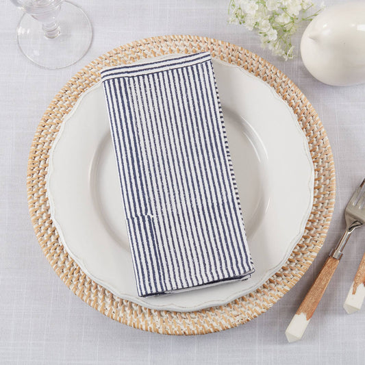 1504 - Navy Blue Striped Block Print Cotton 20" Cloth Napkin