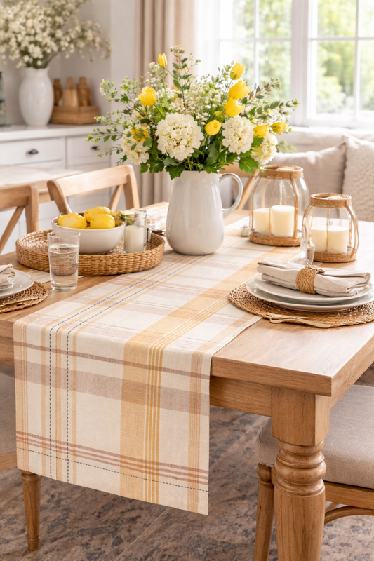 Beige and Mustard Plaid Cotton Table Runner - 14"x72"