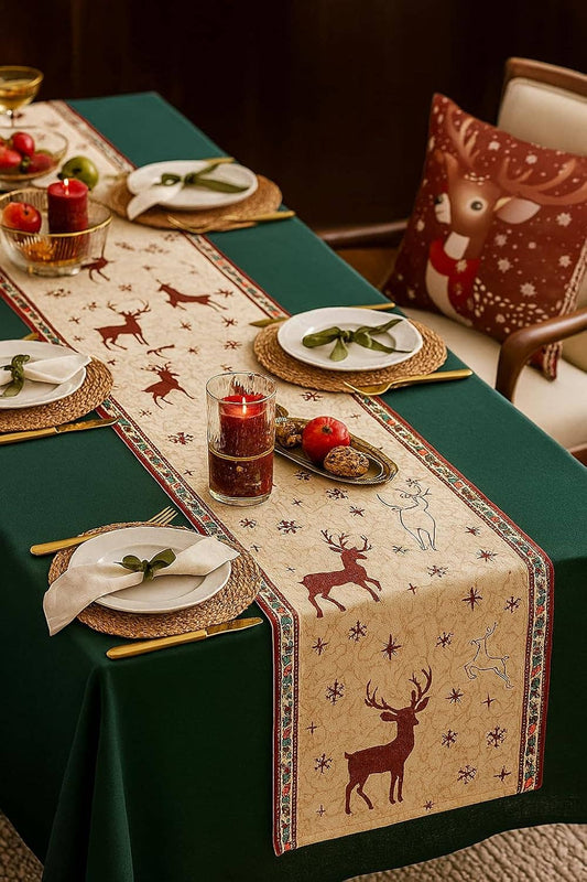 RNR0028 - Red and Ivory Reindeer & Snowflake Table Runner - 13"x72"
