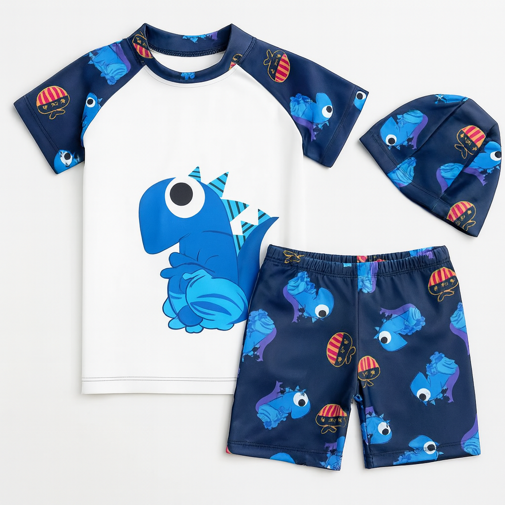 Blue White Dinosaur 3-Piece Boy Swimwear Set