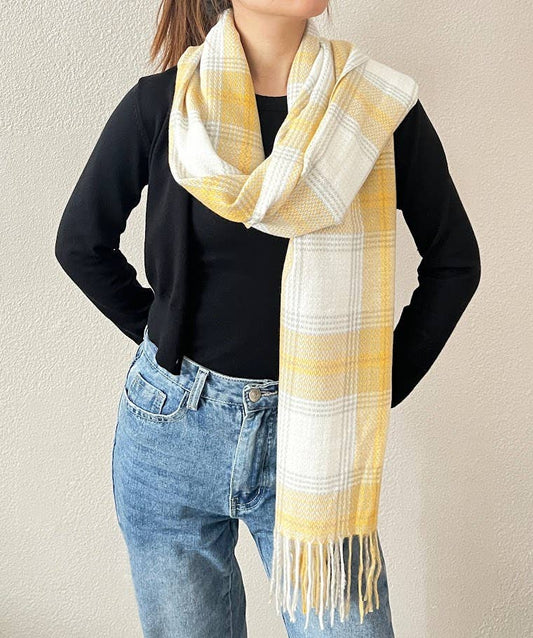 Yellow Classic Plaid Cashmere Wrap Scarf with Fringe