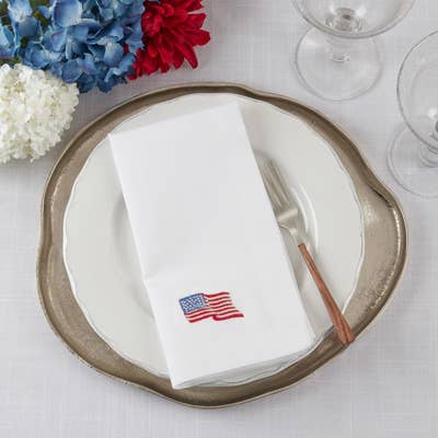 YP704 - Embroidered American Flag 20" White Dinner Napkin