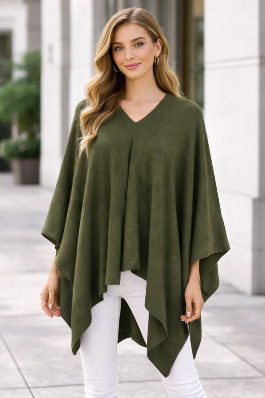 Olive Knit Solid Soft Pullover Poncho Sweater