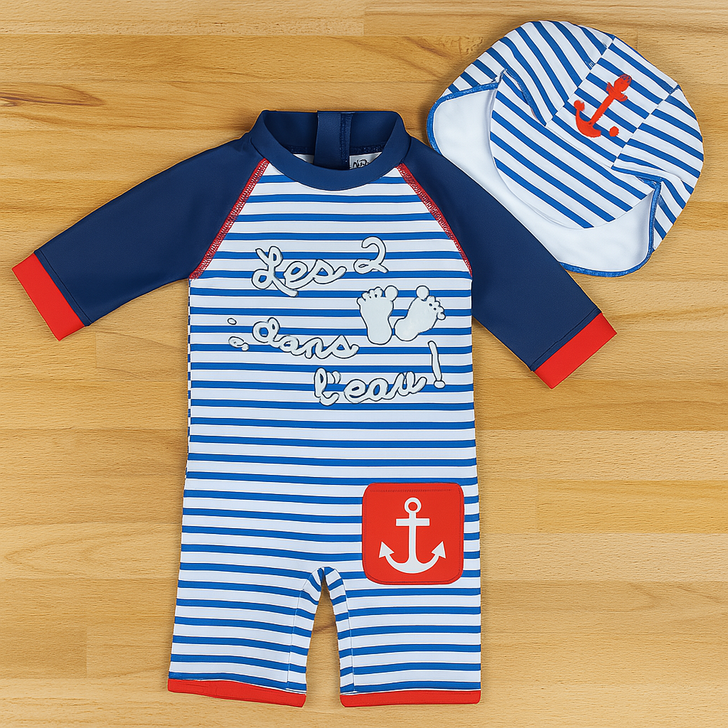 Blue Anchor Striped Rash Guard & Sun hat 2pcs Boy Swimwear