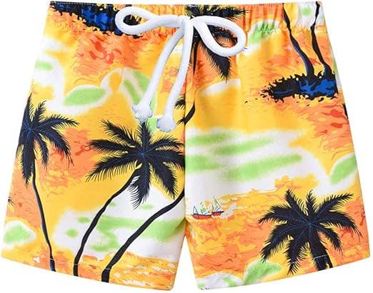 Yellow Tropical Palm Tree Print Toddler Boy Swim Shorts