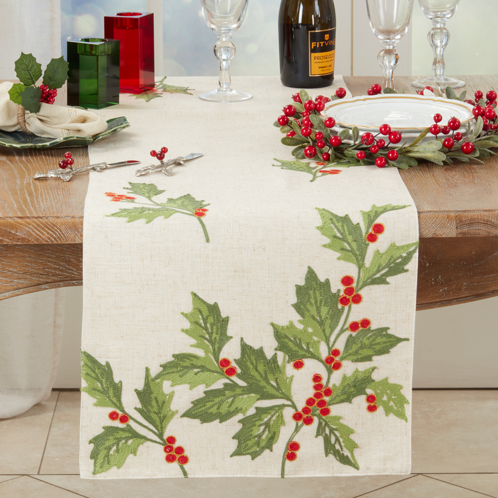 640 - Natural Embroidered Holly Leaves Table Runner