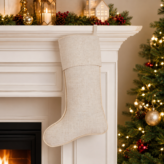 Gold Piping Linen Blend Christmas Stocking