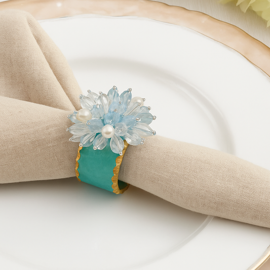 NR415 - Aqua Beaded Flower Resin Napkin Ring