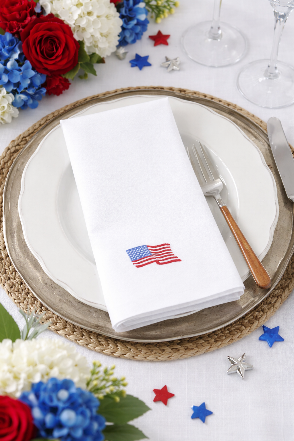 Embroidered American Flag 20" White Dinner Napkin