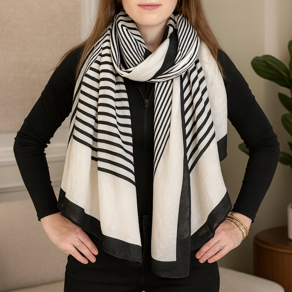 Beige Elegant Stripe Design Soft Wrap Scarf