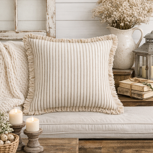 Beige Coastal Striped Cotton Blend 18" Throw Pillow