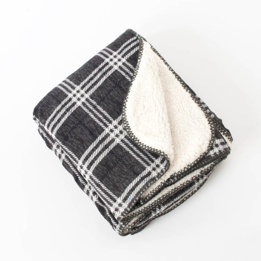 TH030 - Dark Grey Plaid Sherpa 50x60 Inch Throw Blanket