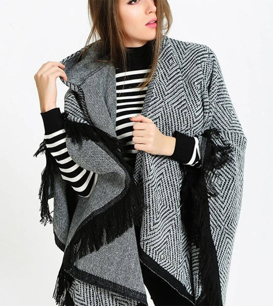 Black Diamond Knit Open Front Hooded Poncho Cardigan