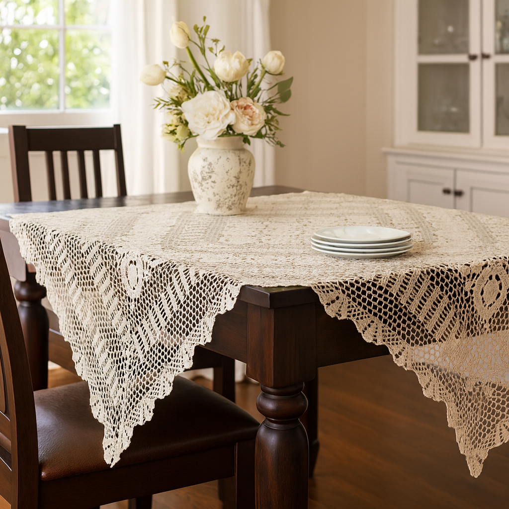 869 - Ecru Hand Crochet 30" Square Cotton Tablecloth